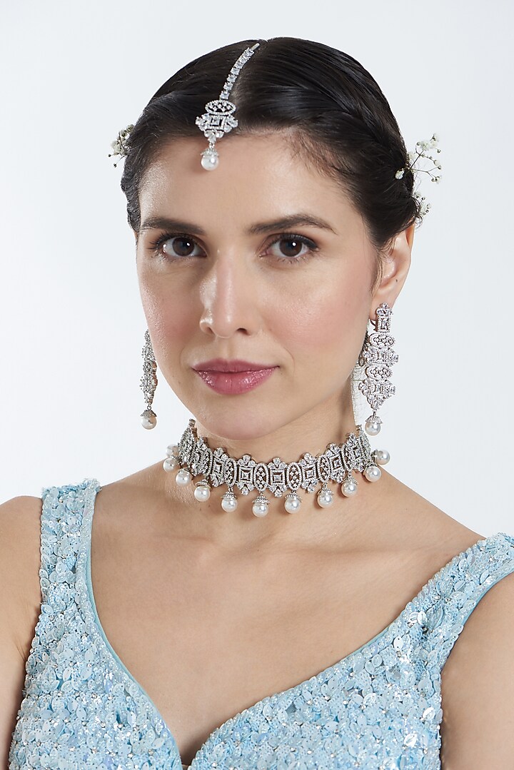 White Finish Zircon & Pearl Choker Necklace Set by Aster at Pernia's Pop Up Shop