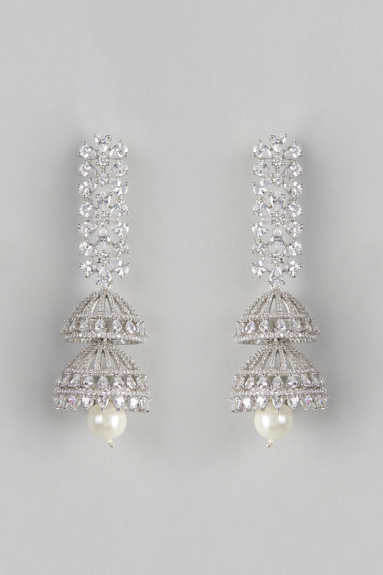 White Finish Faux Diamond & Pearl Dangler Earrings by Aster