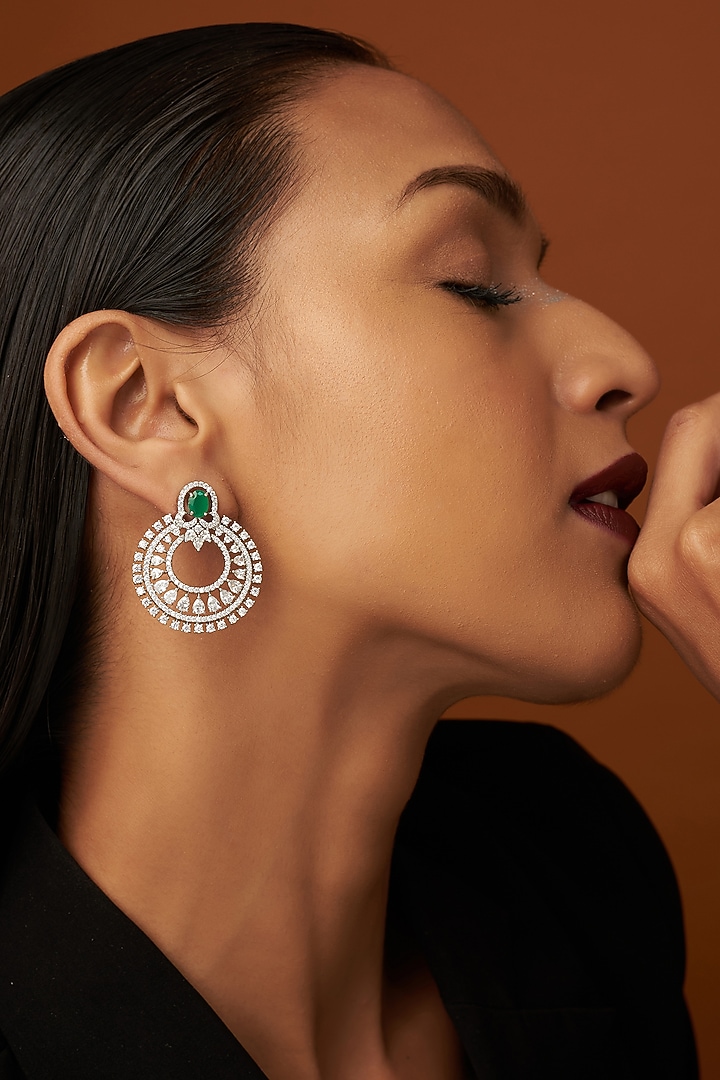 White Finish Zircon & Green Stone Dangler Earrings by Aster at Pernia's Pop Up Shop