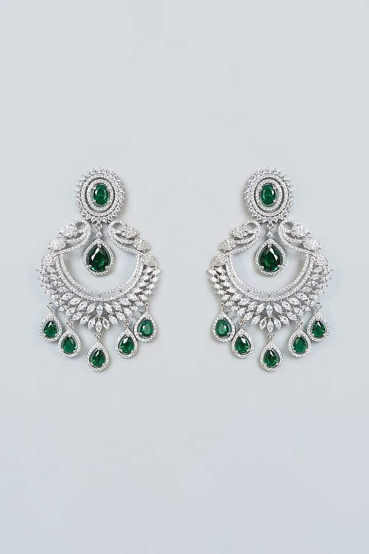White Finish Zircon & Emerald Dangler Earrings by Aster at Pernia's Pop Up Shop