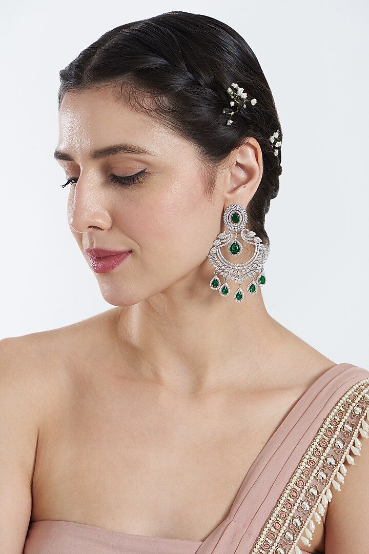 White Finish Zircon & Emerald Dangler Earrings by Aster at Pernia's Pop Up Shop