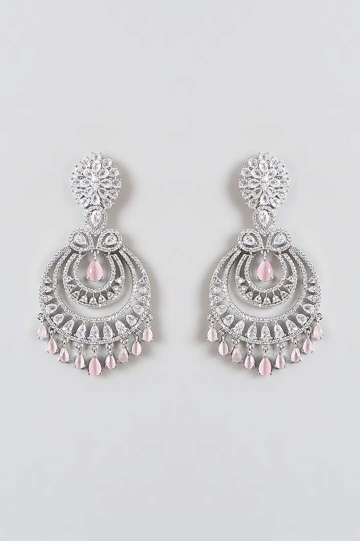 White Finish Zircons & Pink Stone Dangler Earrings by Aster at Pernia's Pop Up Shop