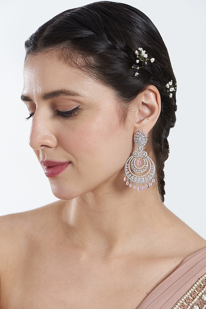 White Finish Zircons & Pink Stone Dangler Earrings by Aster at Pernia's Pop Up Shop