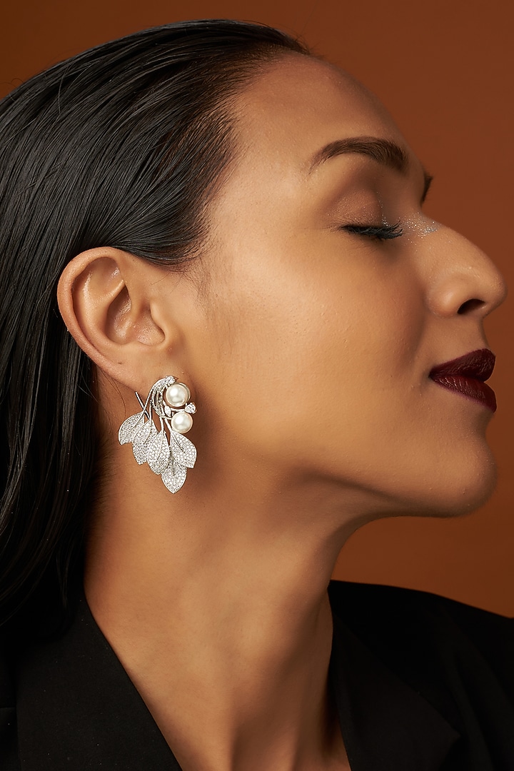 White Finish Zircons & Pearl Dangler Earrings by Aster at Pernia's Pop Up Shop