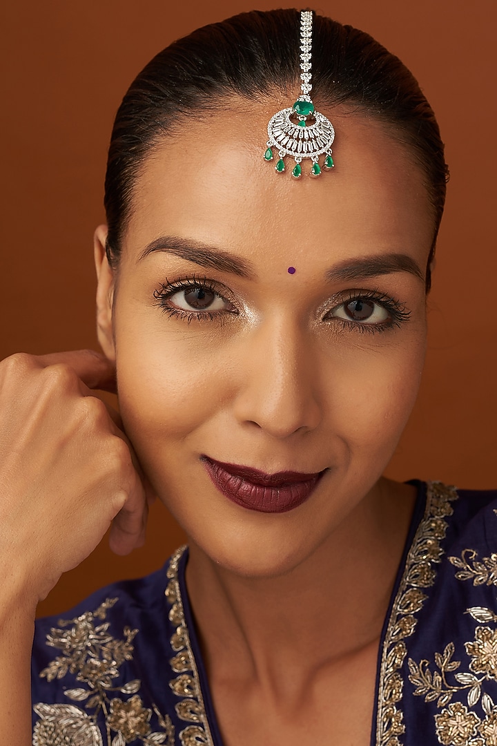 White Finish Zircon & Green Stone Maangtikka by Aster at Pernia's Pop Up Shop