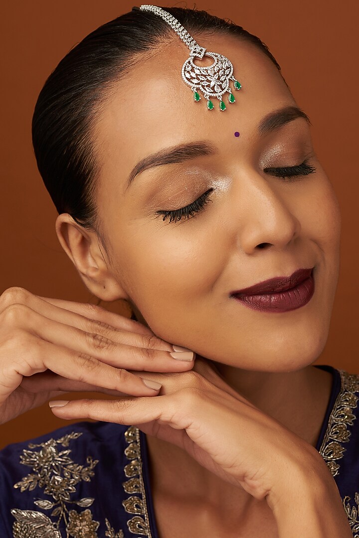 White Finish Zircon & Green Stone Maangtikka by Aster at Pernia's Pop Up Shop