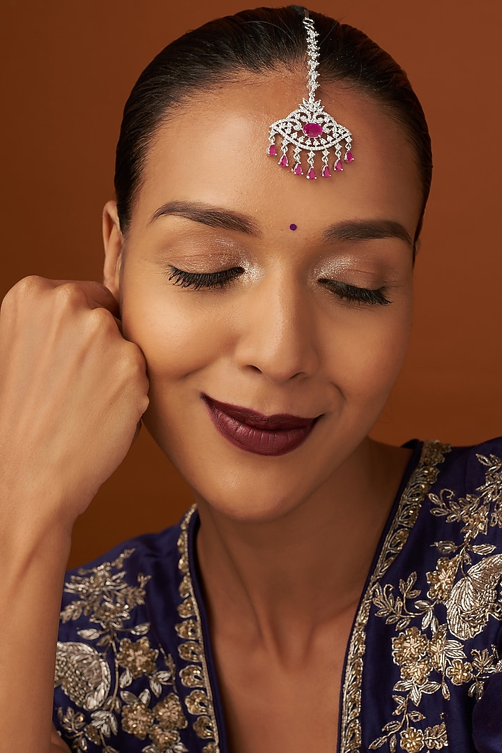 White Finish Zircon & Red Stone Maangtikka by Aster at Pernia's Pop Up Shop