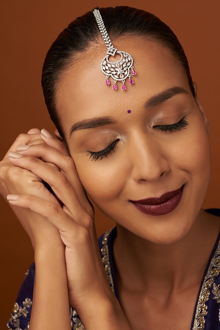 White Finish Zircon & Red Stone Maangtikka by Aster at Pernia's Pop Up Shop