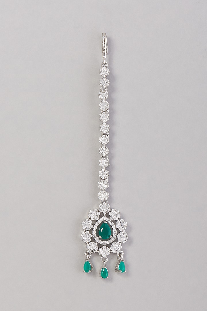 White Finish Zircon & Green Stone Maangtikka by Aster at Pernia's Pop Up Shop