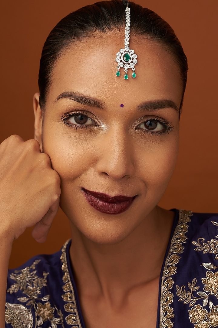 White Finish Zircon & Green Stone Maangtikka by Aster at Pernia's Pop Up Shop