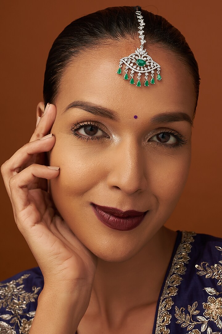 White Finish Zircon & Green Stone Maangtikka by Aster at Pernia's Pop Up Shop