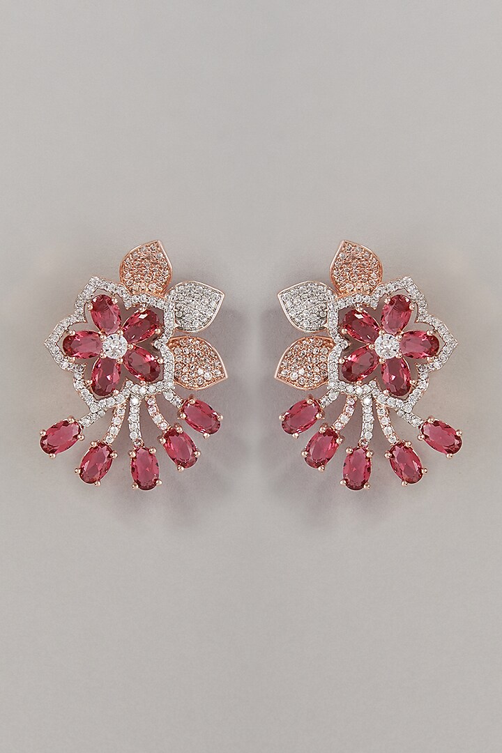 Rose Gold Finish Zircons & Red Stone Stud Earrings by Aster at Pernia's Pop Up Shop