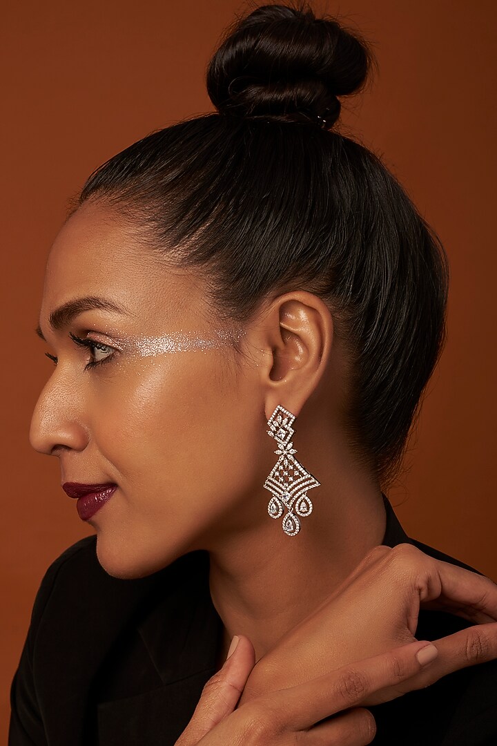 White Finish Zircon Dangler Earrings by Aster at Pernia's Pop Up Shop