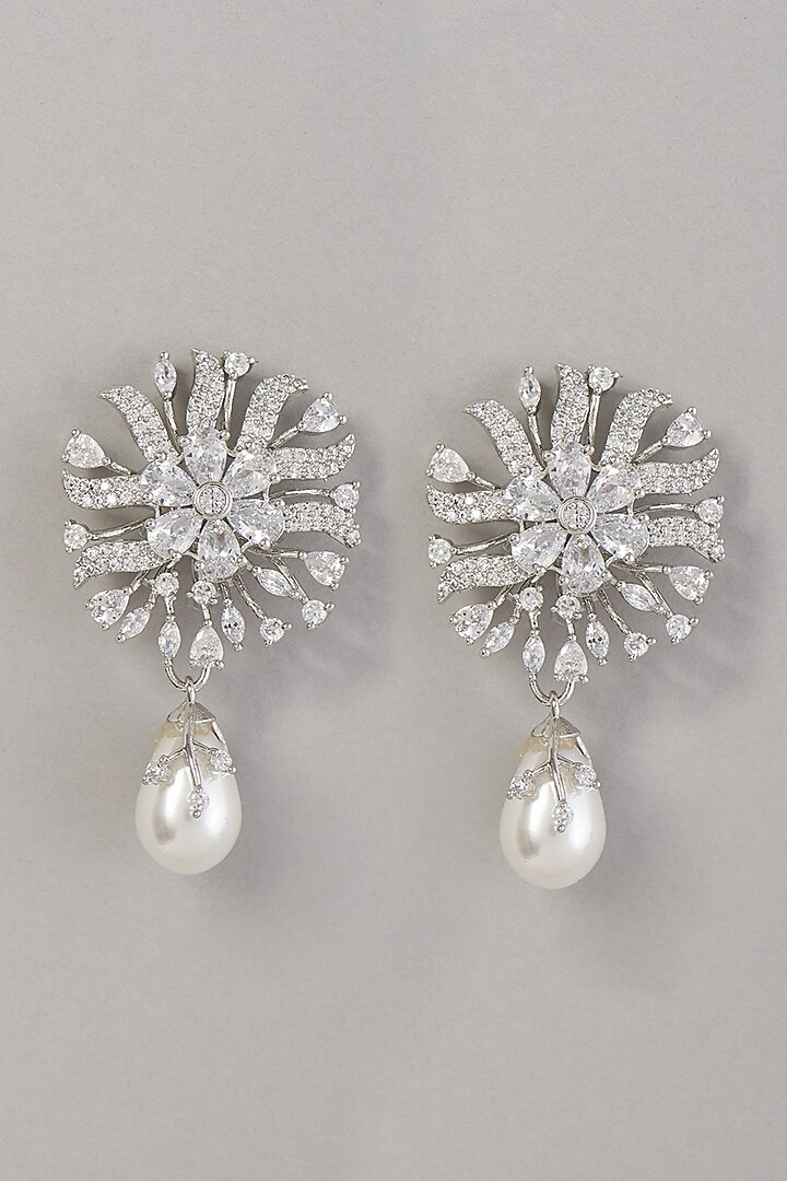 White Finish Zircon & Pearl Dangler Earrings by Aster at Pernia's Pop Up Shop