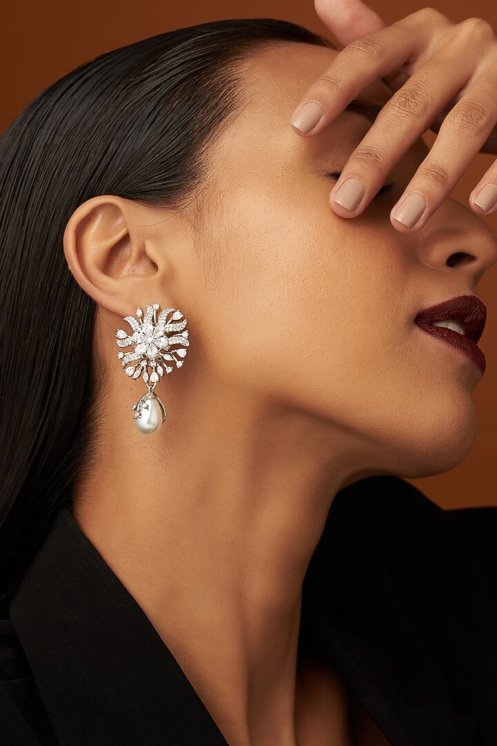 White Finish Zircon & Pearl Dangler Earrings by Aster at Pernia's Pop Up Shop