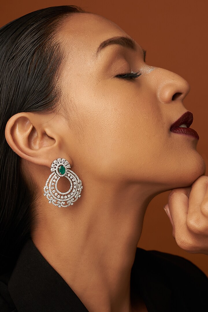 White Finish Zircon & Green Stone Dangler Earrings by Aster at Pernia's Pop Up Shop