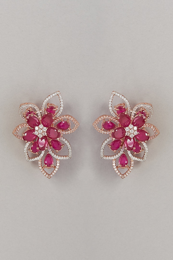 Rose Gold Finish Zircons & Red Stone Stud Earrings by Aster at Pernia's Pop Up Shop