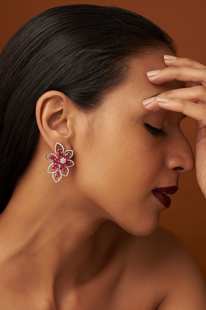 Rose Gold Finish Zircons & Red Stone Stud Earrings by Aster at Pernia's Pop Up Shop