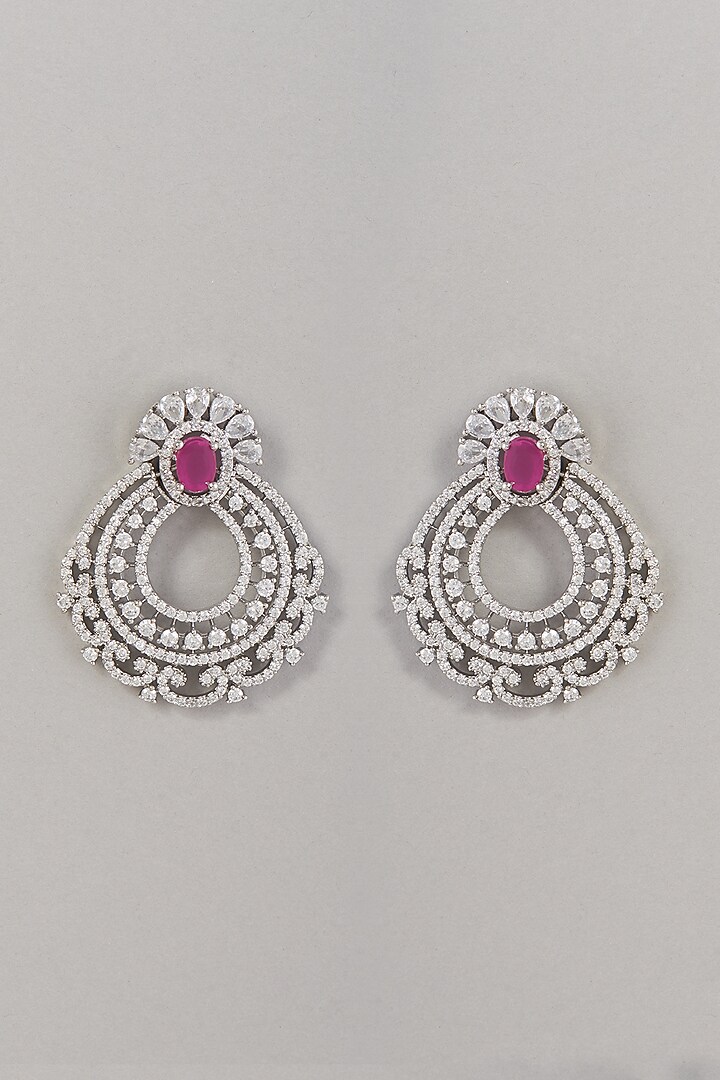 White Finish Zircon & Red Stone Dangler Earrings by Aster at Pernia's Pop Up Shop