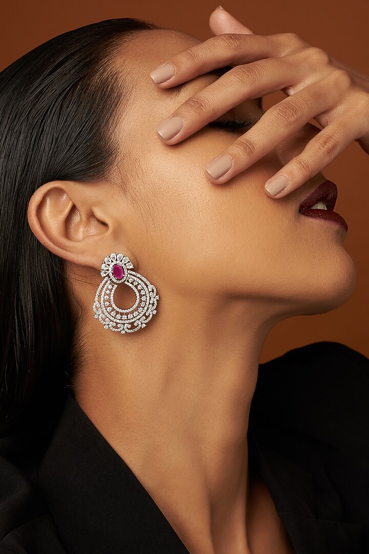 White Finish Zircon & Red Stone Dangler Earrings by Aster at Pernia's Pop Up Shop