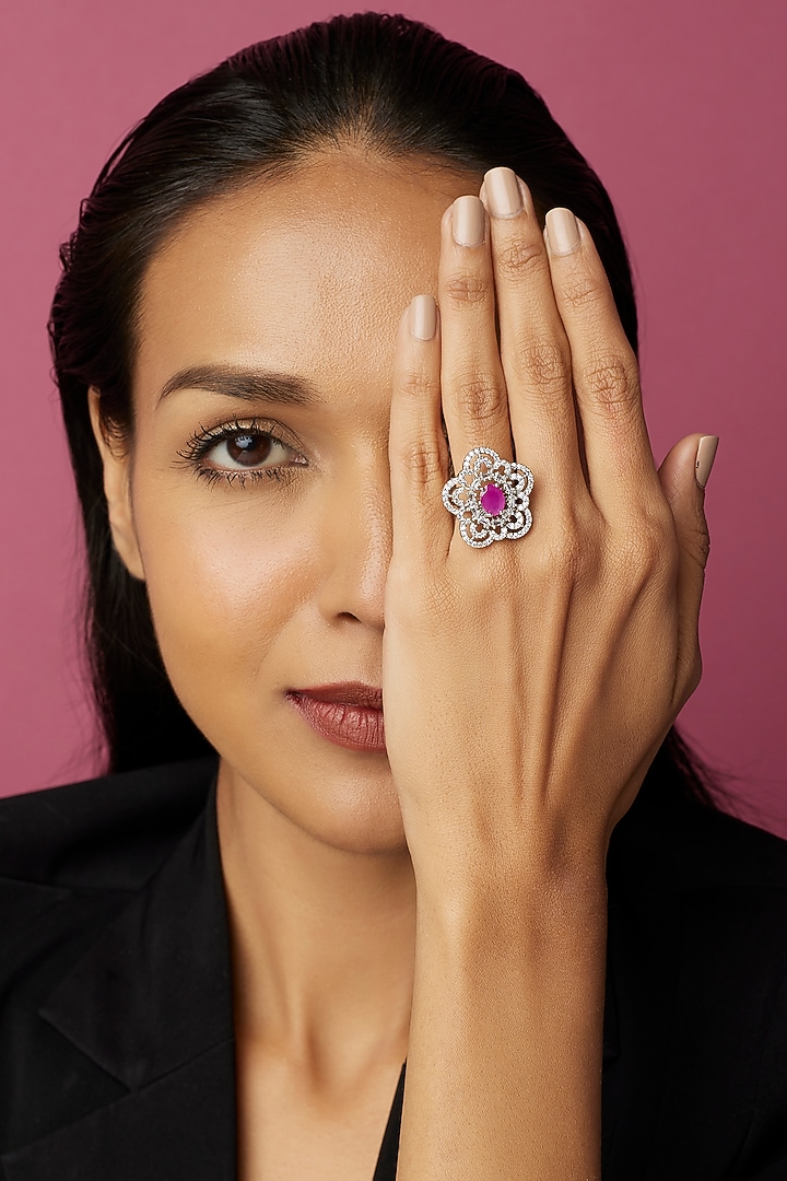 White Finish Zircon & Red Stone Ring by Aster at Pernia's Pop Up Shop