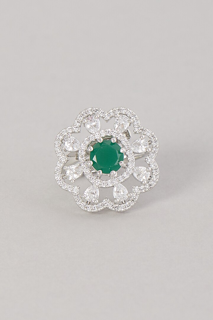 White Finish Zircon & Green Stone Ring by Aster at Pernia's Pop Up Shop