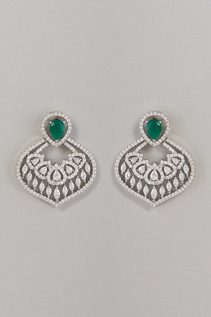 White Finish Zircon & Green Stone Dangler Earrings by Aster at Pernia's Pop Up Shop