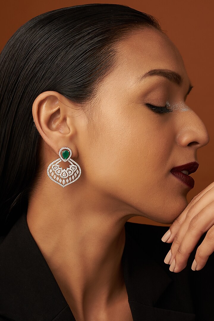 White Finish Zircon & Green Stone Dangler Earrings by Aster at Pernia's Pop Up Shop