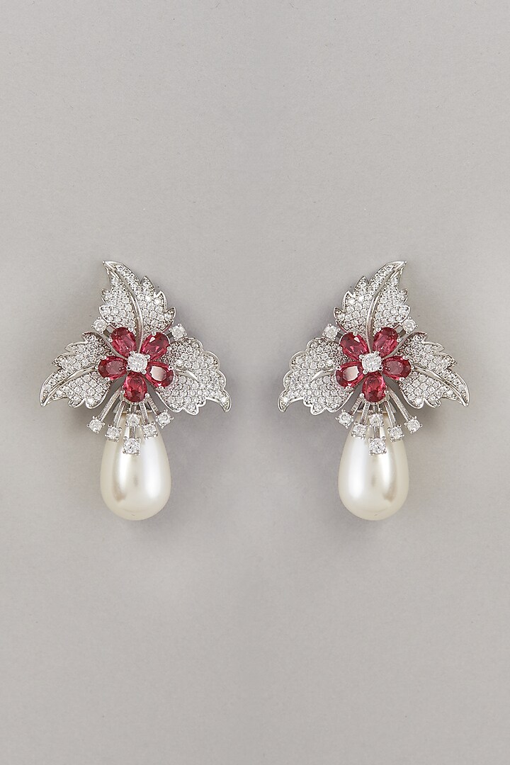 White Finish Red Stone & Pearl Dangler Earrings by Aster at Pernia's Pop Up Shop