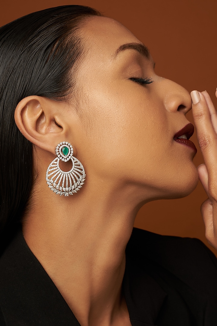 White Finish Zircon & Green Stone Dangler Earrings by Aster at Pernia's Pop Up Shop