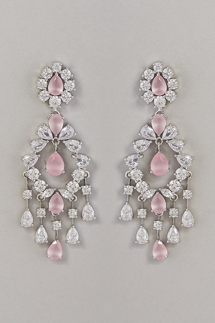 White Finish Zircon & Pink Stone Dangler Earrings by Aster at Pernia's Pop Up Shop