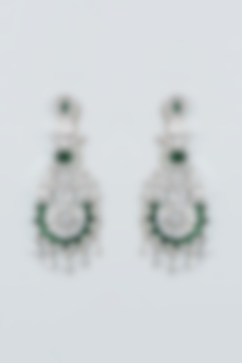 White Finish Faux Diamond & Green Stone Dangler Earrings by Aster
