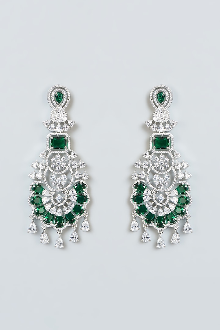 White Finish Faux Diamond & Green Stone Dangler Earrings by Aster