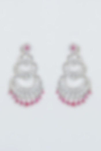 White Finish Faux Diamond & Red Stone Dangler Earrings by Aster