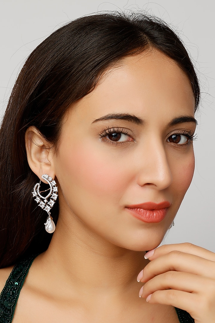 White Finish Pearl & Zircon Dangler Earrings by Aster at Pernia's Pop Up Shop