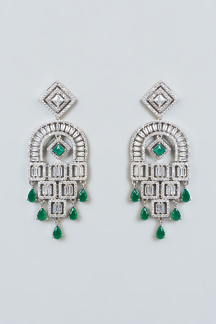 White Finish Zircon & Green Stone Dangler Earrings by Aster at Pernia's Pop Up Shop
