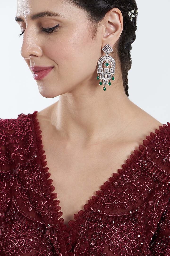 White Finish Zircon & Green Stone Dangler Earrings by Aster at Pernia's Pop Up Shop