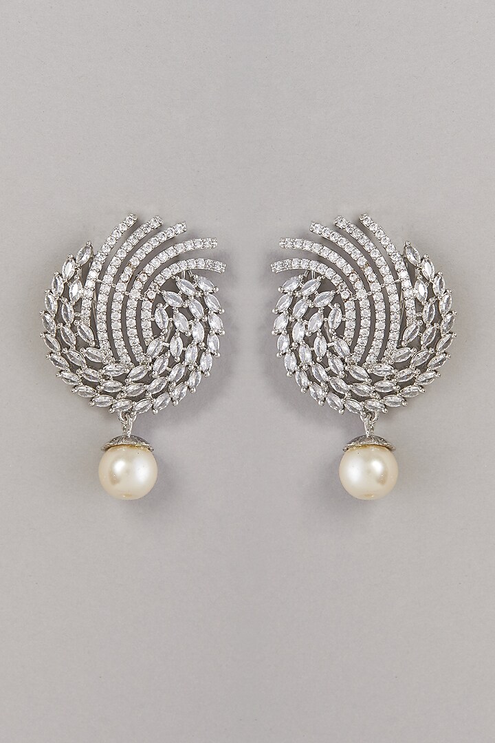 White Finish Zircon & Pearl Dangler Earrings by Aster at Pernia's Pop Up Shop