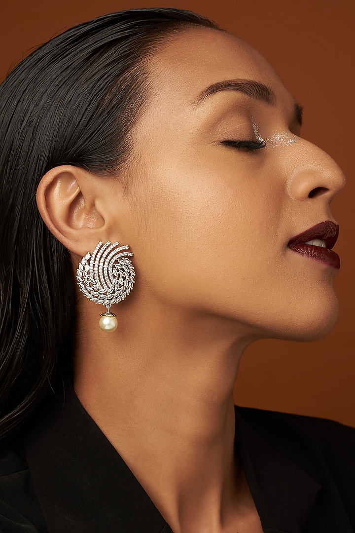 White Finish Zircon & Pearl Dangler Earrings by Aster at Pernia's Pop Up Shop