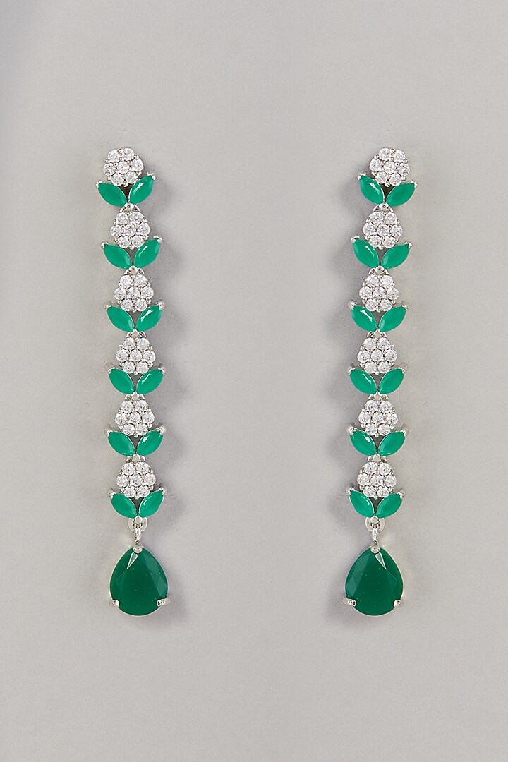 White Finish Zircon & Green Stone Dangler Earrings by Aster at Pernia's Pop Up Shop