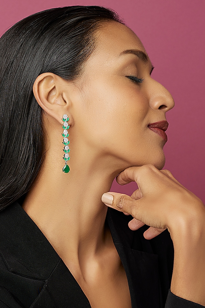 White Finish Zircon & Green Stone Dangler Earrings by Aster at Pernia's Pop Up Shop