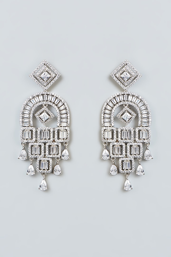 White Finish Faux Diamond Dangler Earrings by Aster