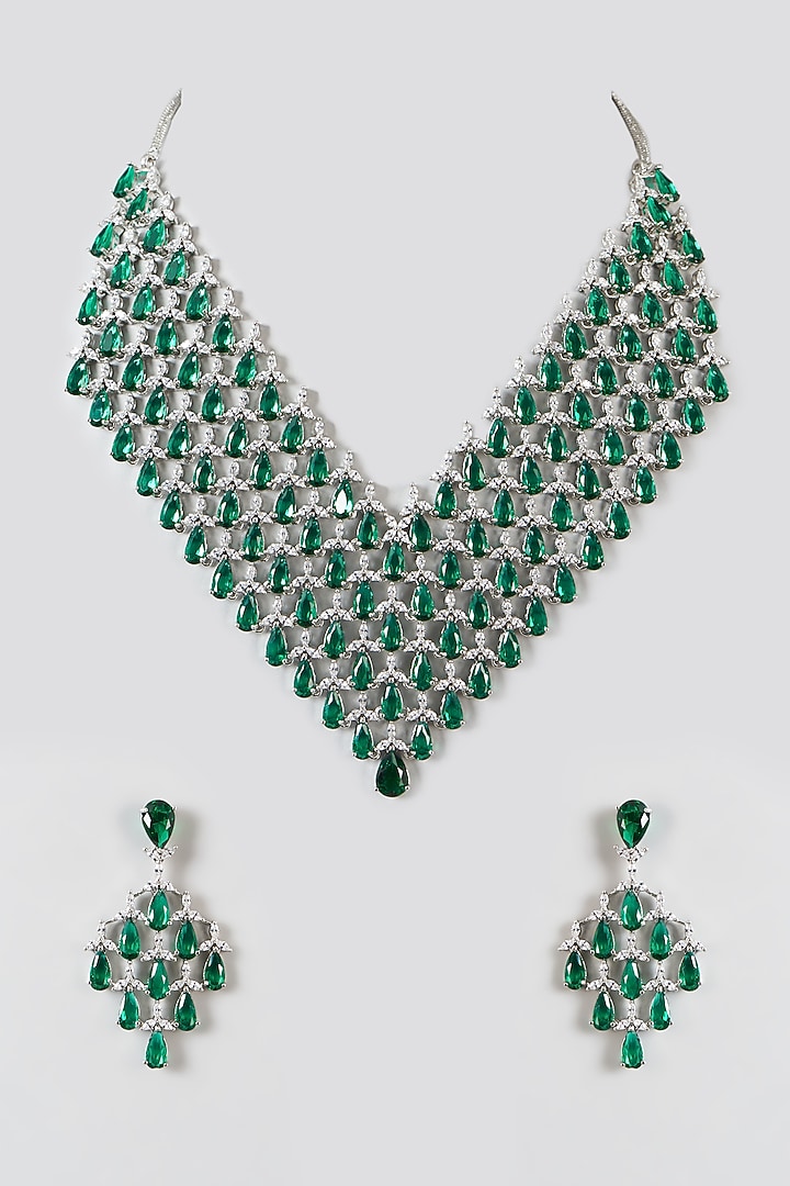 White Finish Zircon & Green Stone Necklace Set by Aster at Pernia's Pop Up Shop