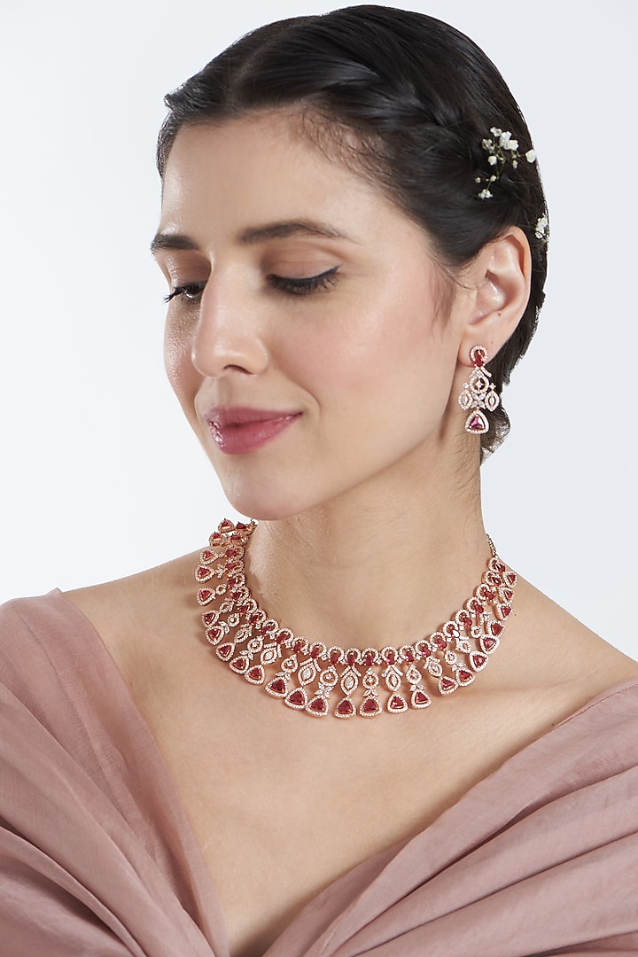 Rose Gold Finish Zircon & Red Stone Choker Necklace Set by Aster at Pernia's Pop Up Shop