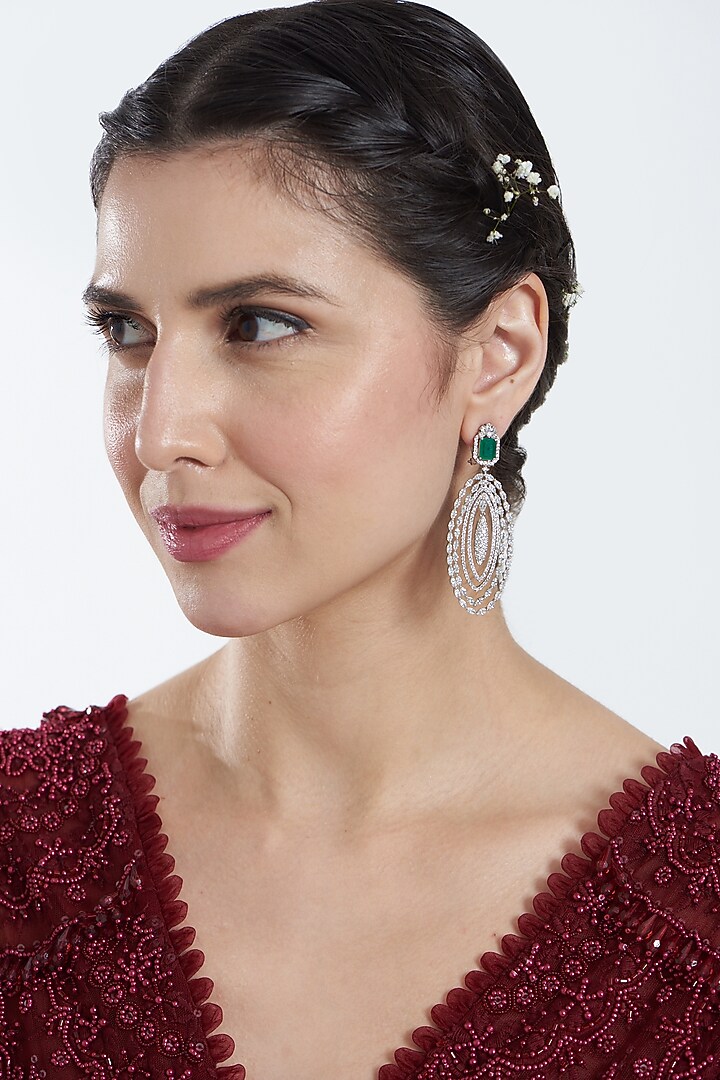 White Finish Zircon & Green Stone Dangler Earrings by Aster at Pernia's Pop Up Shop