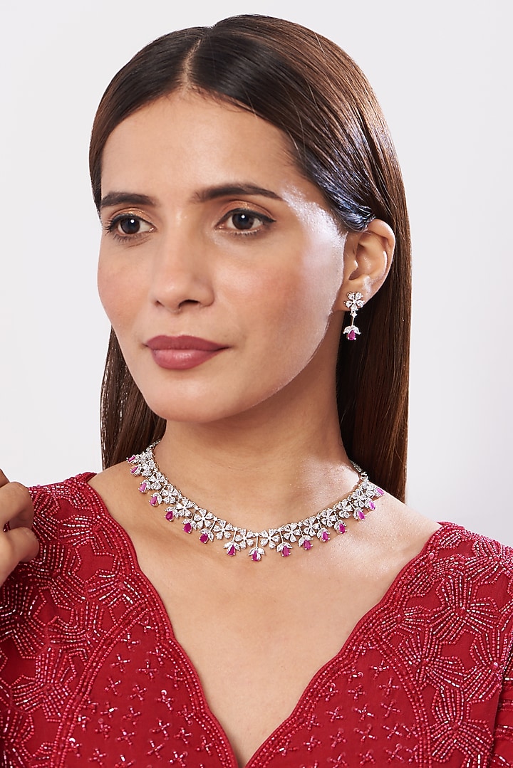 White Finish Zircon & Pink Stone Necklace Set by Aster at Pernia's Pop Up Shop