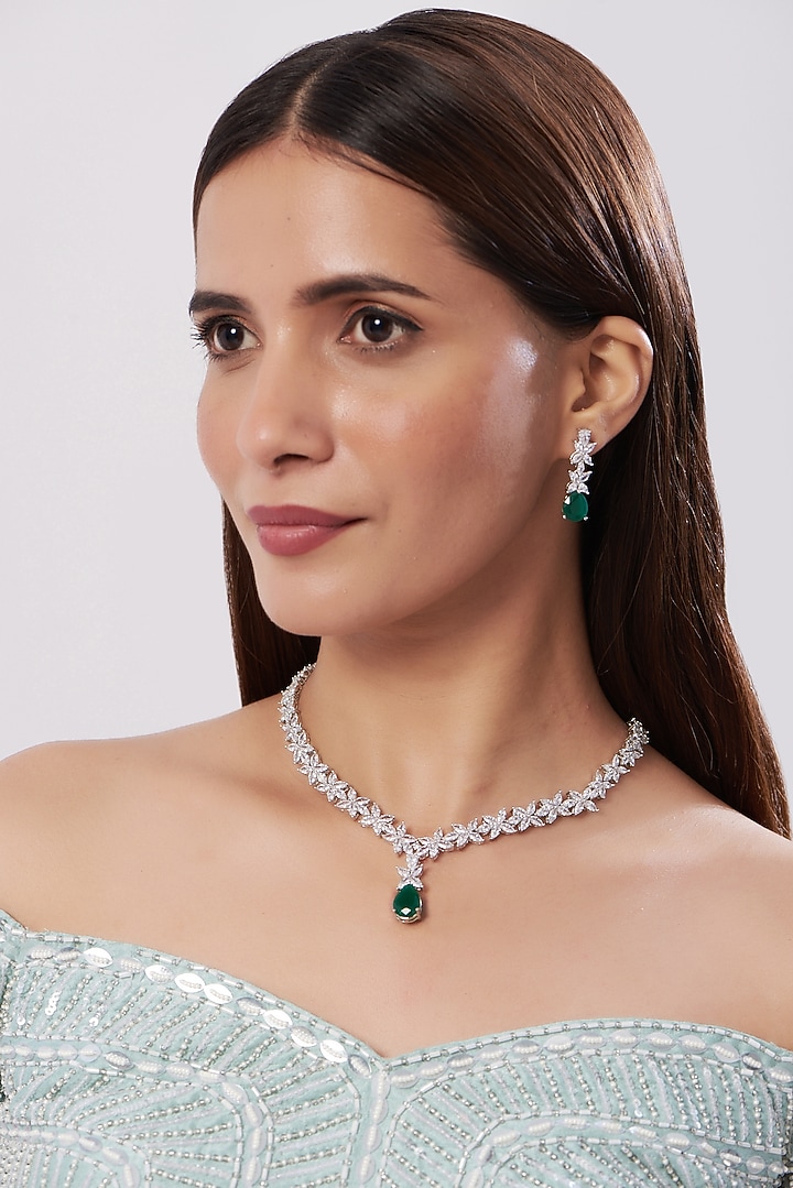 White Finish Zircon & Green Drop Necklace Set by Aster at Pernia's Pop Up Shop