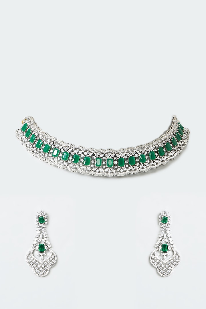 White Finish Zircon & Green Synthetic Stone Choker Necklace Set by Aster at Pernia's Pop Up Shop