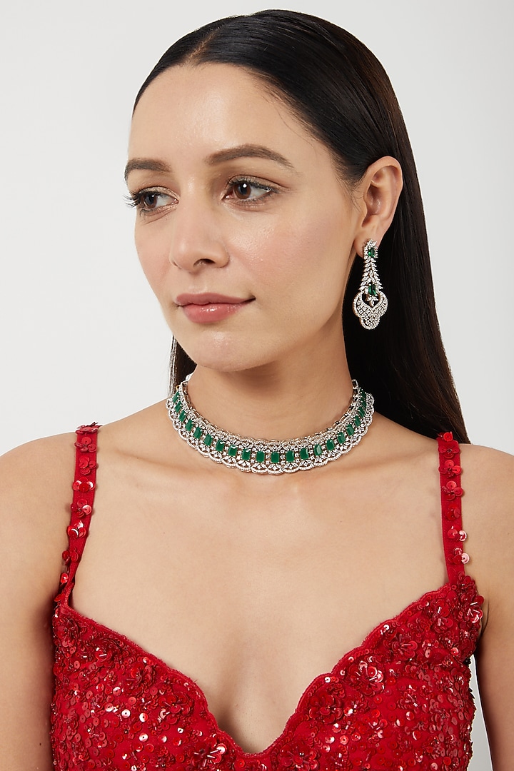 White Finish Zircon & Green Synthetic Stone Choker Necklace Set by Aster at Pernia's Pop Up Shop