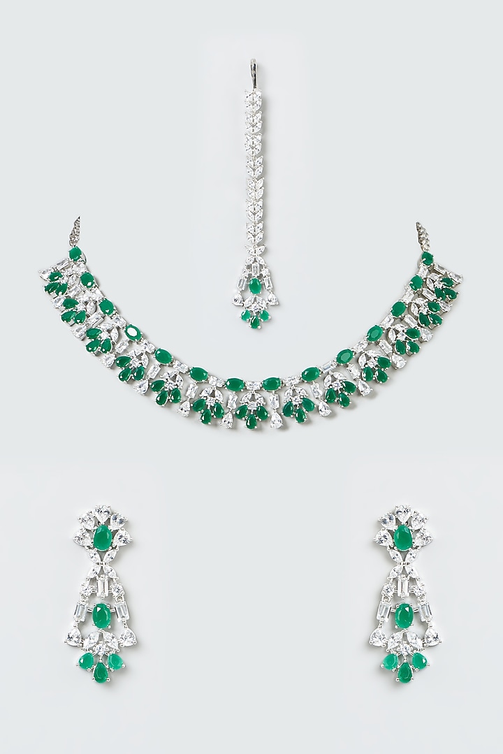 White Finish Zircon & Green Stone Choker Necklace Set by Aster at Pernia's Pop Up Shop